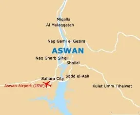 Map of Aswan showing the International Airport, High Dam, and Sahara City along the Nile River path toward the city center.
