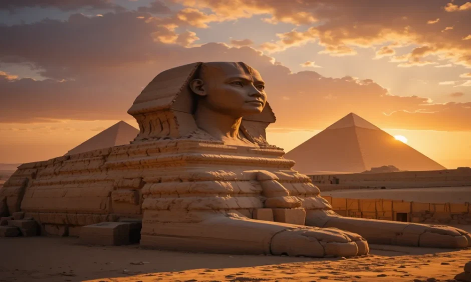 Great Sphinx of Giza facing ancient pyramids at sunset with a golden sky reflecting Egyptian heritage.
