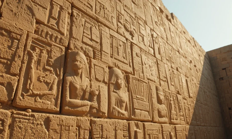 Hieroglyphs & Intellectual Brilliance reflected in detailed ancient Egyptian stone carvings of royal figures and scripts.