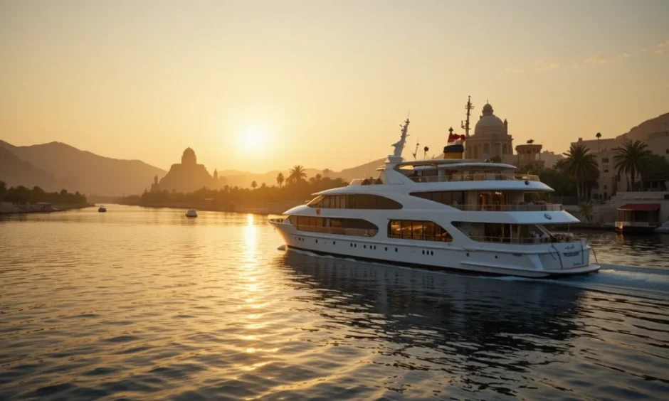 Luxury yacht cruising the Nile at sunset, showcasing tourism in Egypt with golden light over historic buildings and mountains.