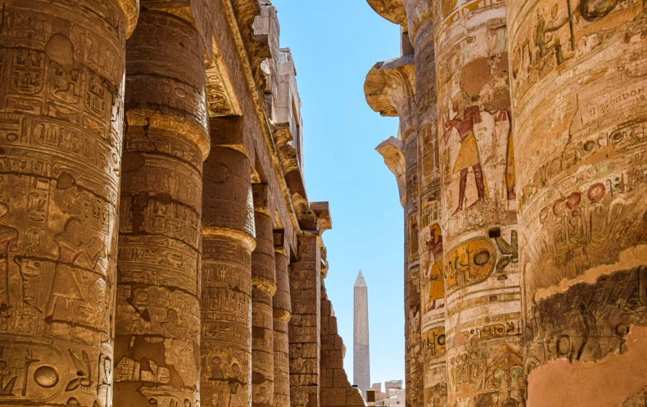 Ancient hieroglyphic columns during Luxor sightseeing tours in Egypt