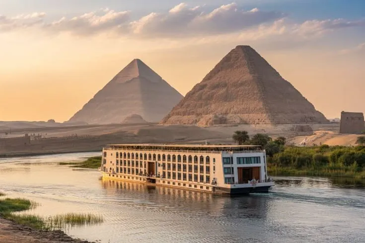 Cruiser sailing past Giza on cairo tours