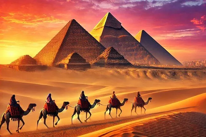 Desert camel caravan where egypt famous for pyramids