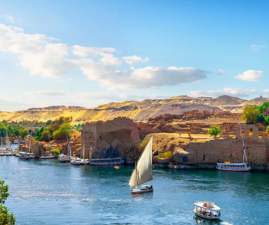Aswan river view with traditional boats